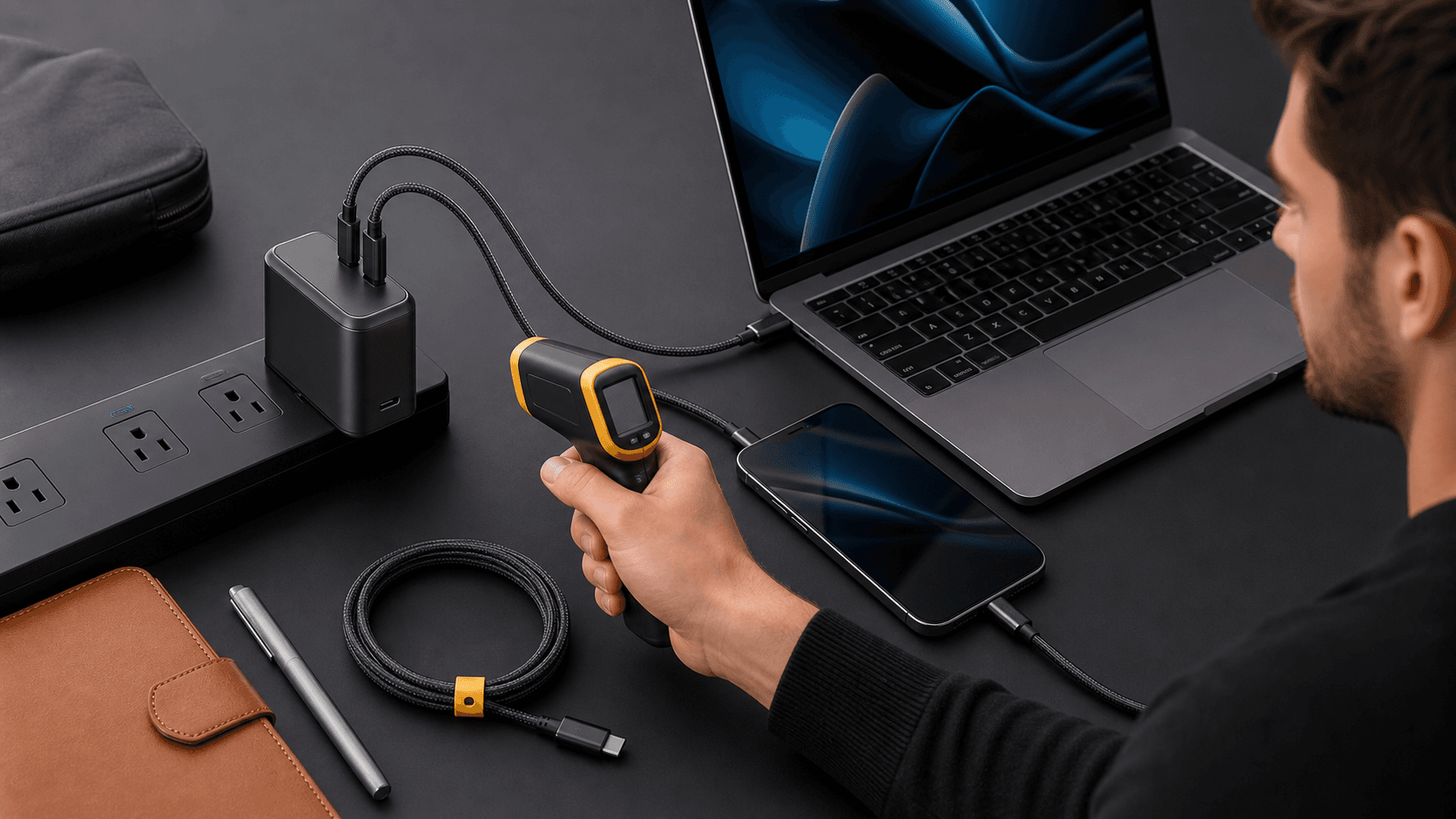 Compact black GaN charger with two USB-C cables, glowing power meter, and warm light on a clean desk background