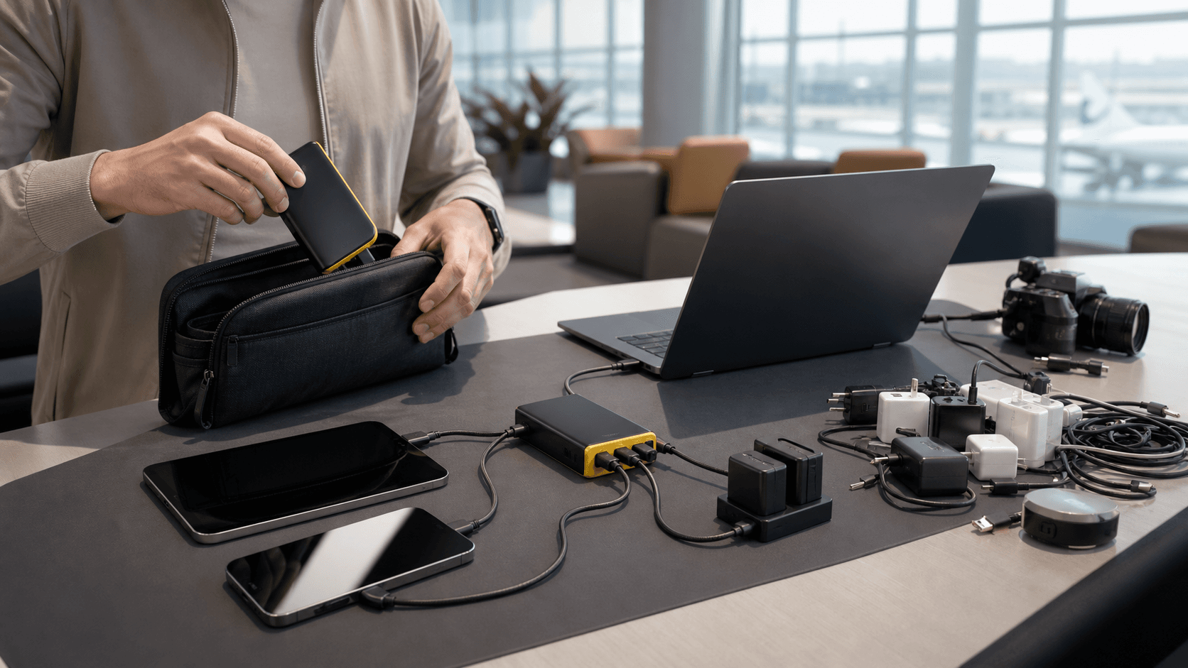 Split layout of a sleek gray 280W GaN hub and separate chargers with dock on a white background with labels.