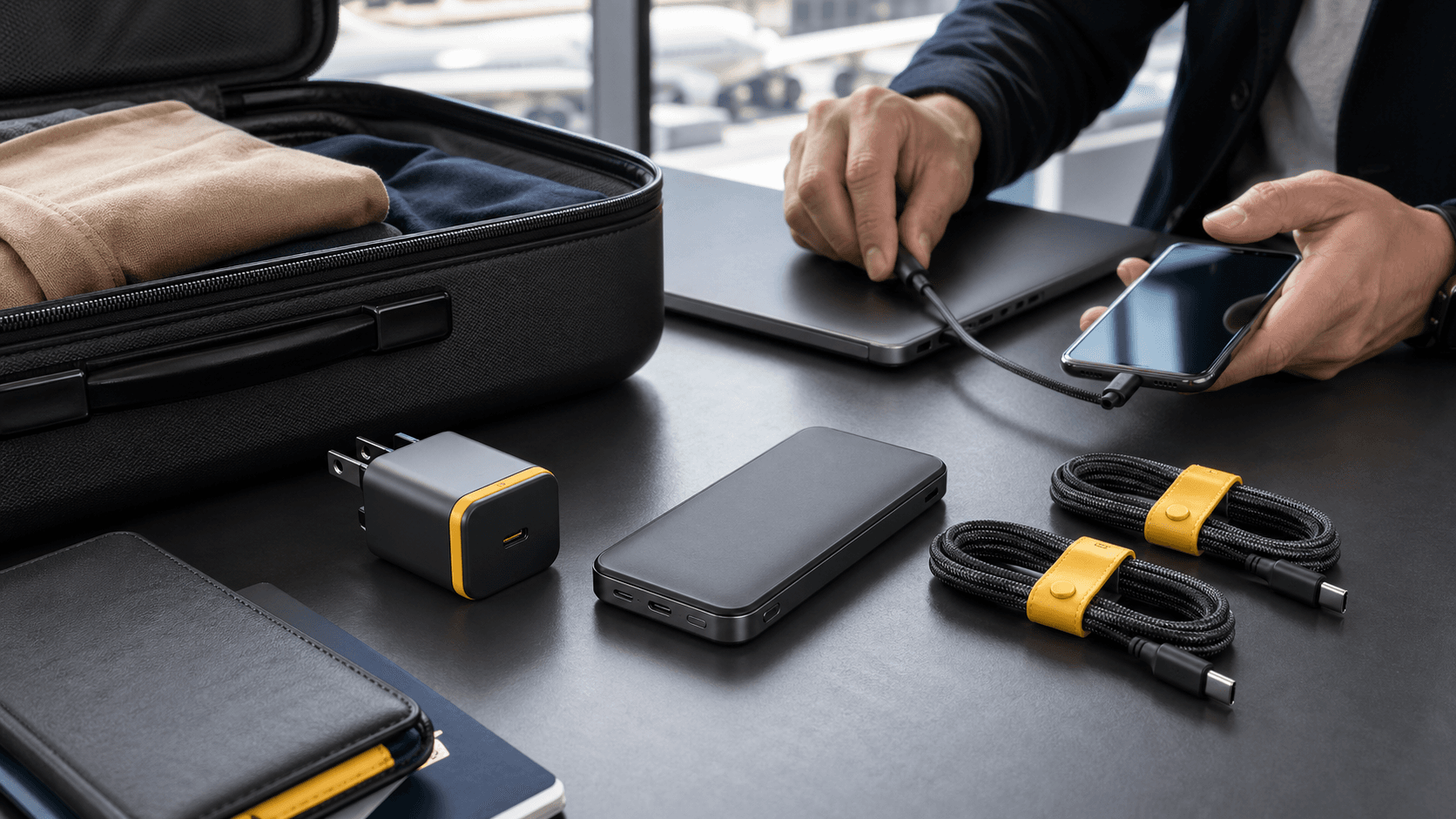 Compact white wall charger beside a travel adapter and passport on a sunlit table, with soft shadows