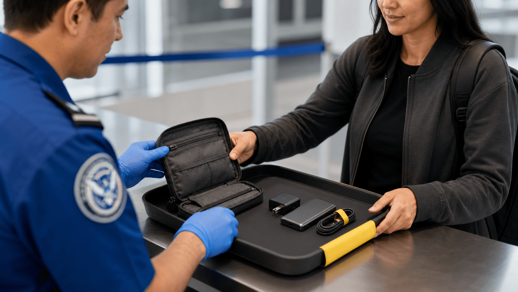 Top-down view of a black travel pouch with chargers, cables, and adapters neatly arranged on a light desk