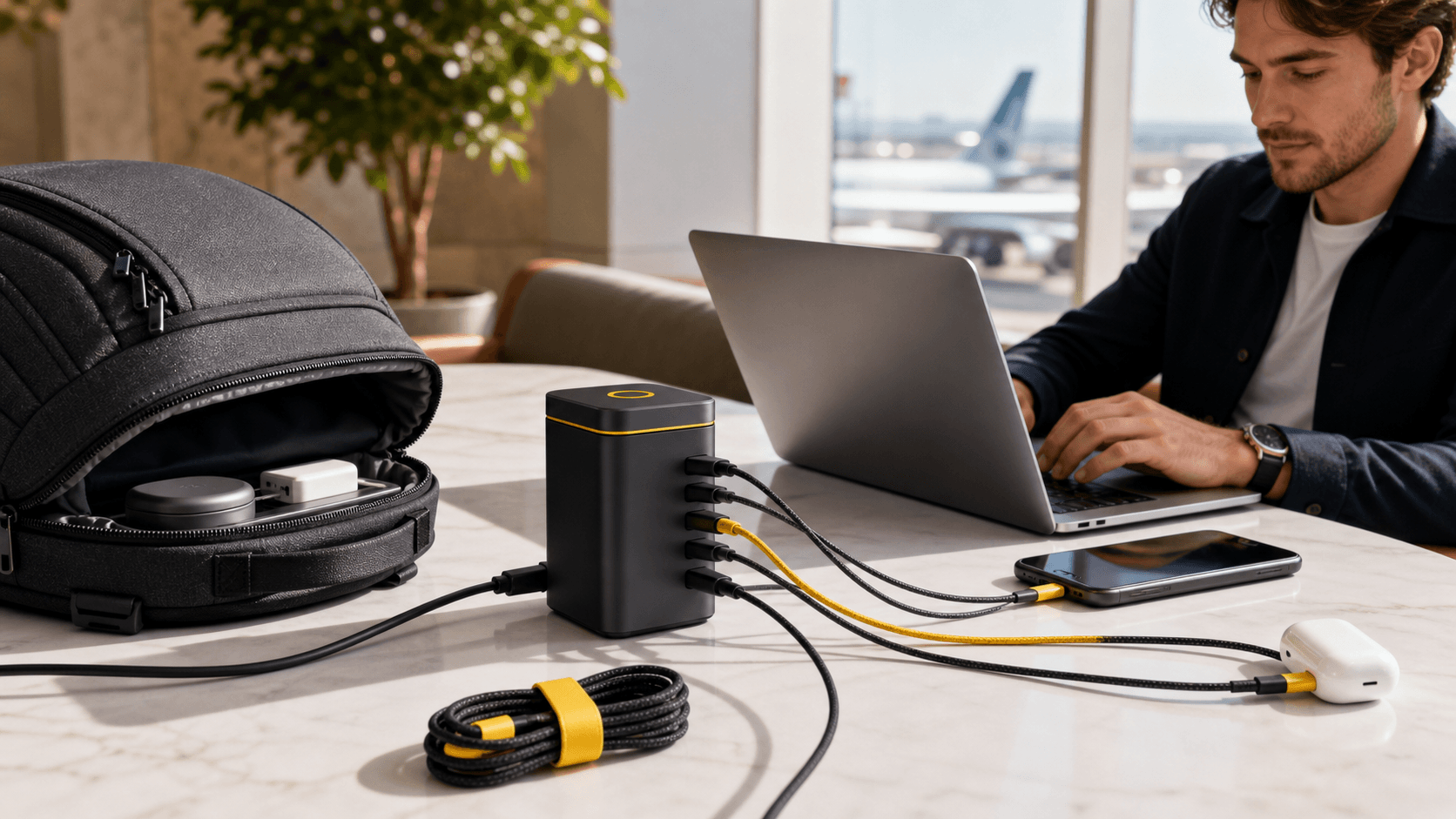 Compact black GaN wall charger with multiple ports beside a laptop and phone on a sunlit desk background