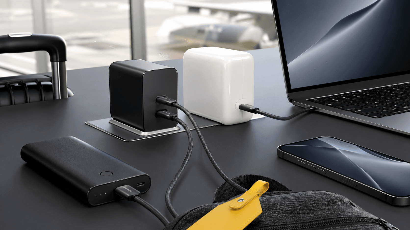Two white wall chargers side by side on a light background, one compact block and one larger Apple-style brick.