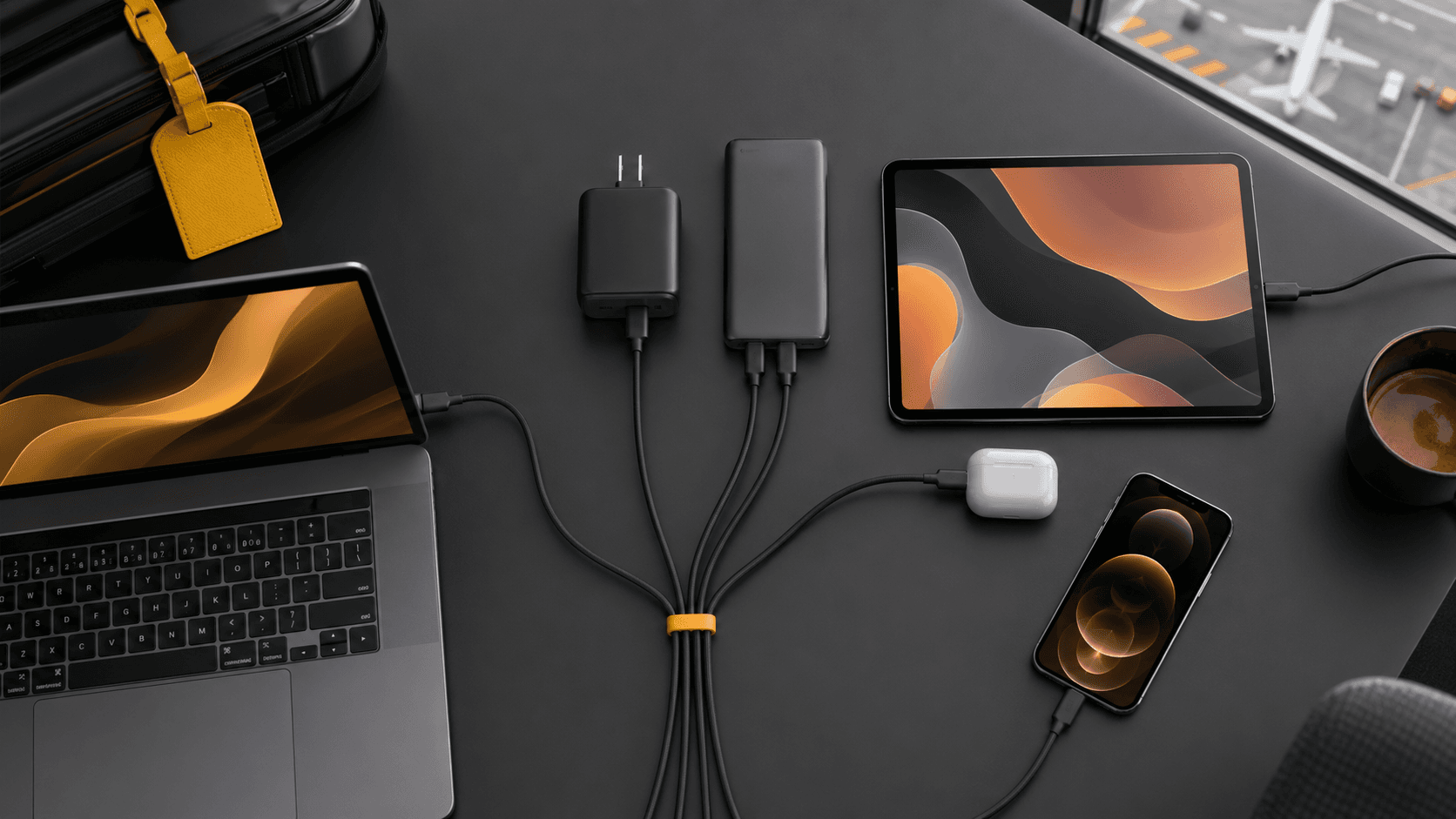White desk with a multiport USB charger powering several phones and a tablet, soft daylight, minimal background