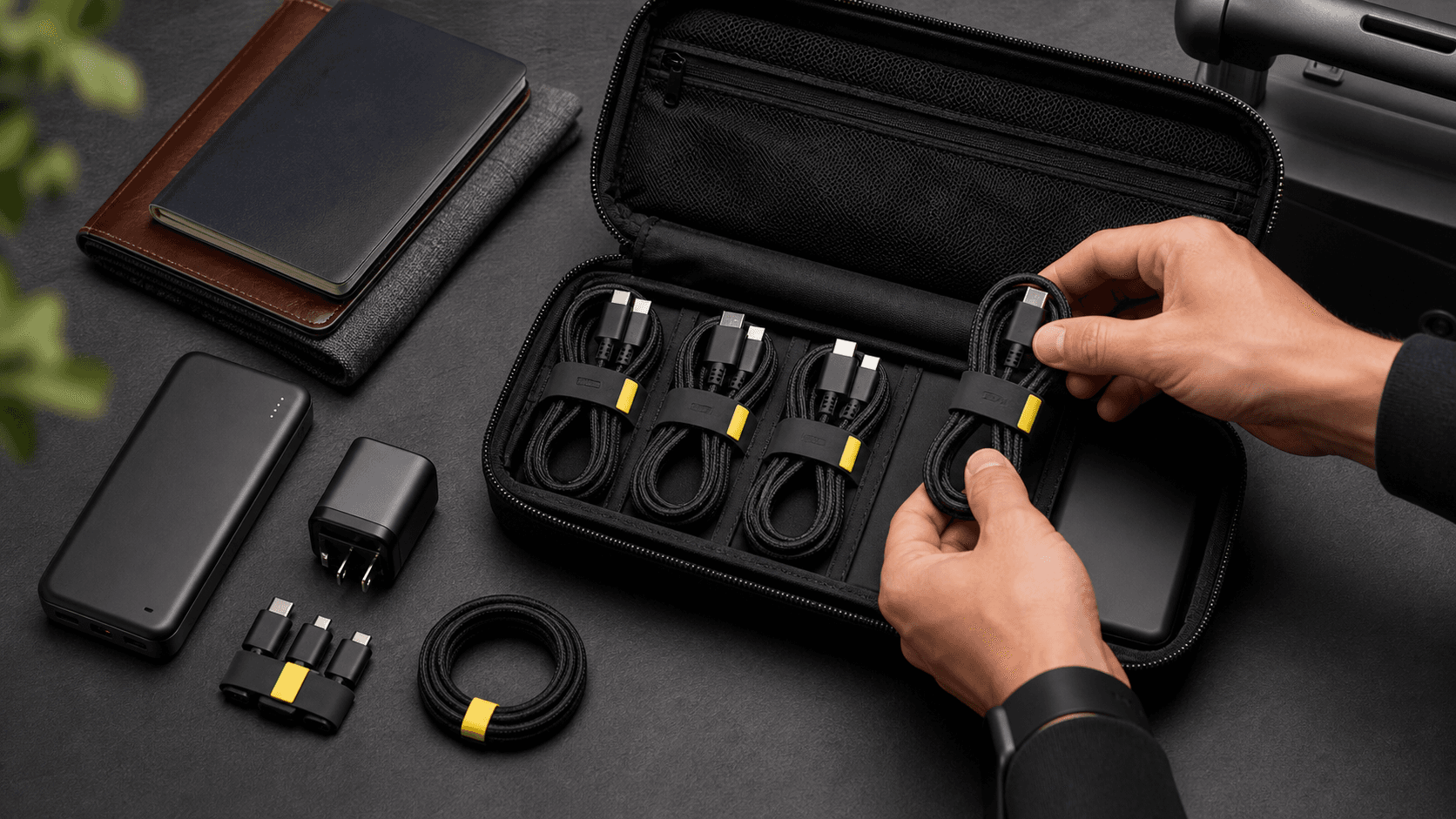 Neatly arranged charging cables and adapters with colored labels in a zip pouch on a bright desk, top-down view.