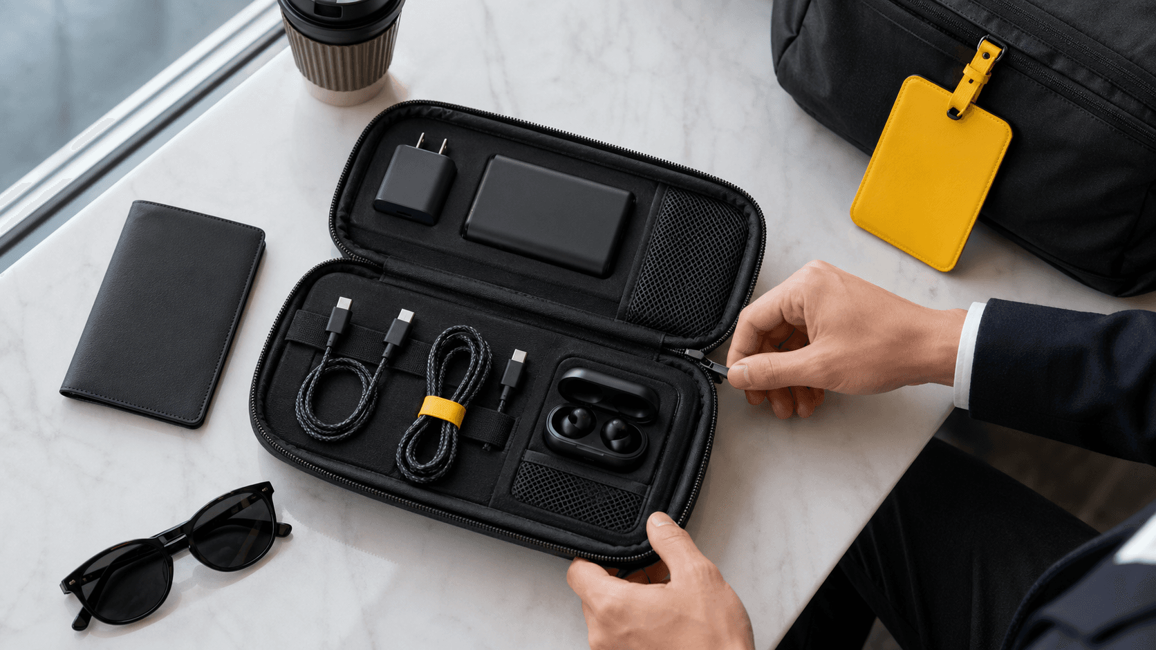 Flat lay of a sleek laptop, phone, earbuds and cables in a gray carry-on on a white background with soft light