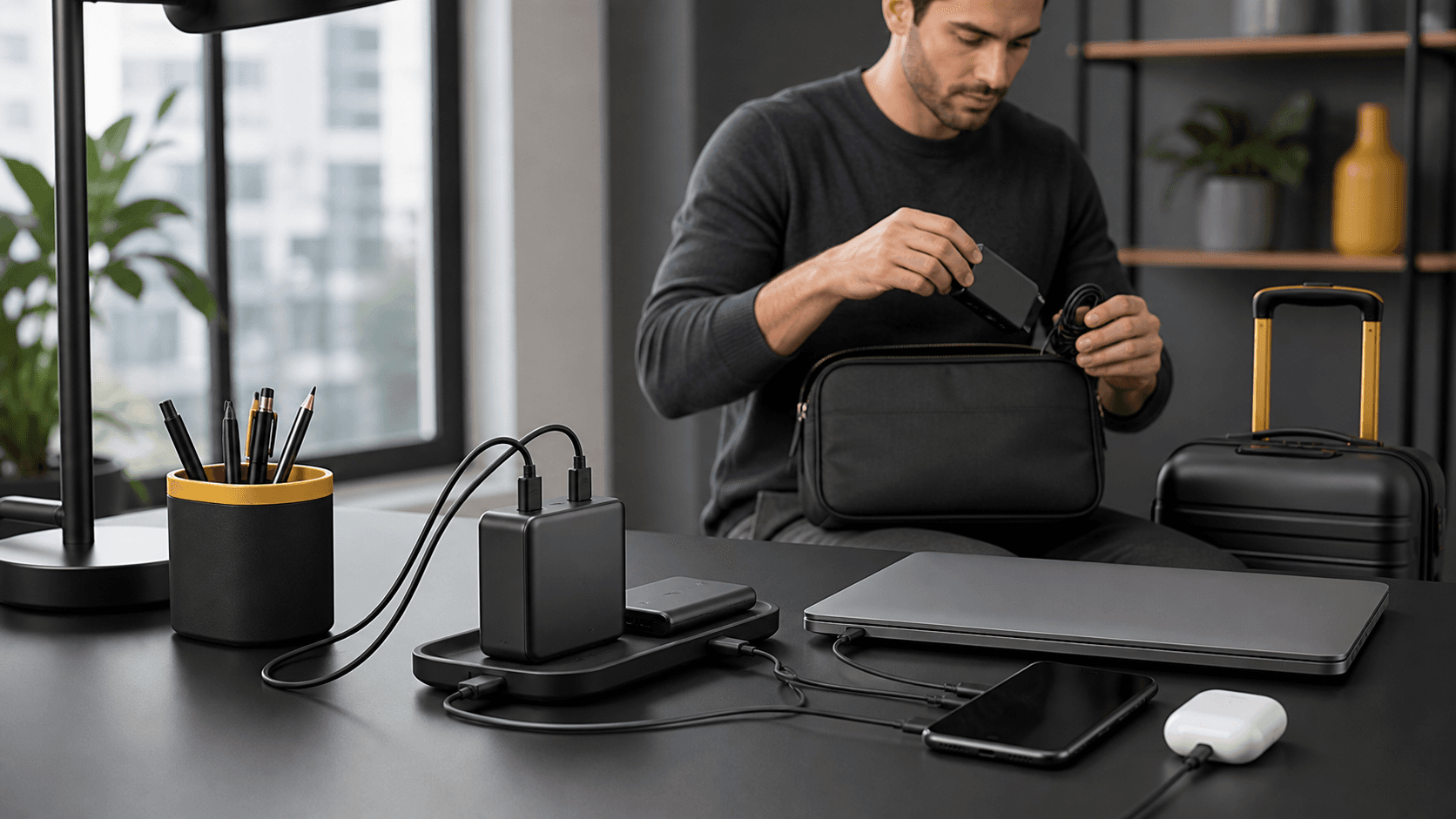 Modern desk with laptop, phone, and tangled charging cables beside a power strip, lit by warm window light.