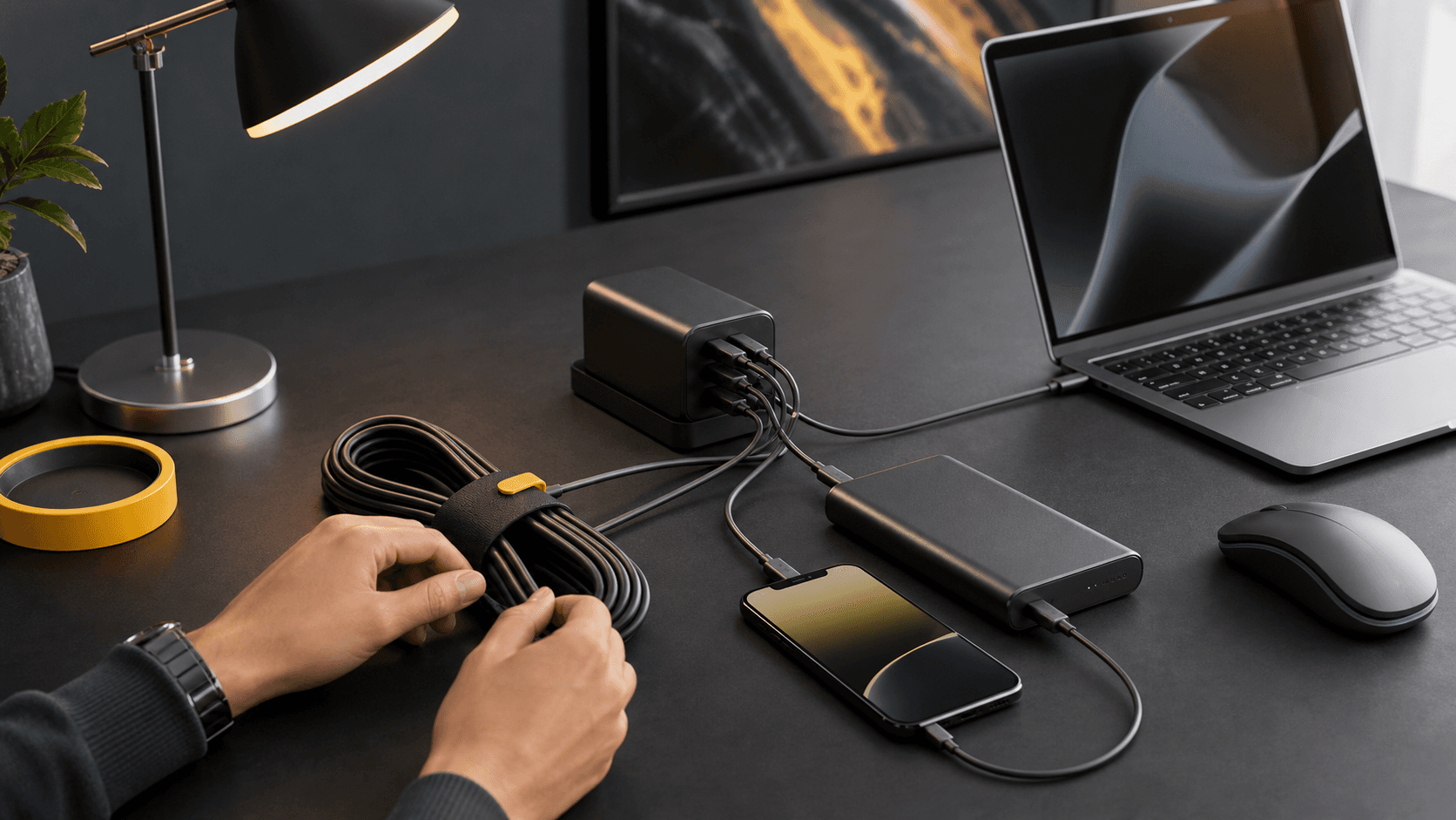 Sunlit home office desk with a charging hub and neatly organized cables beside a laptop, in warm neutral tones