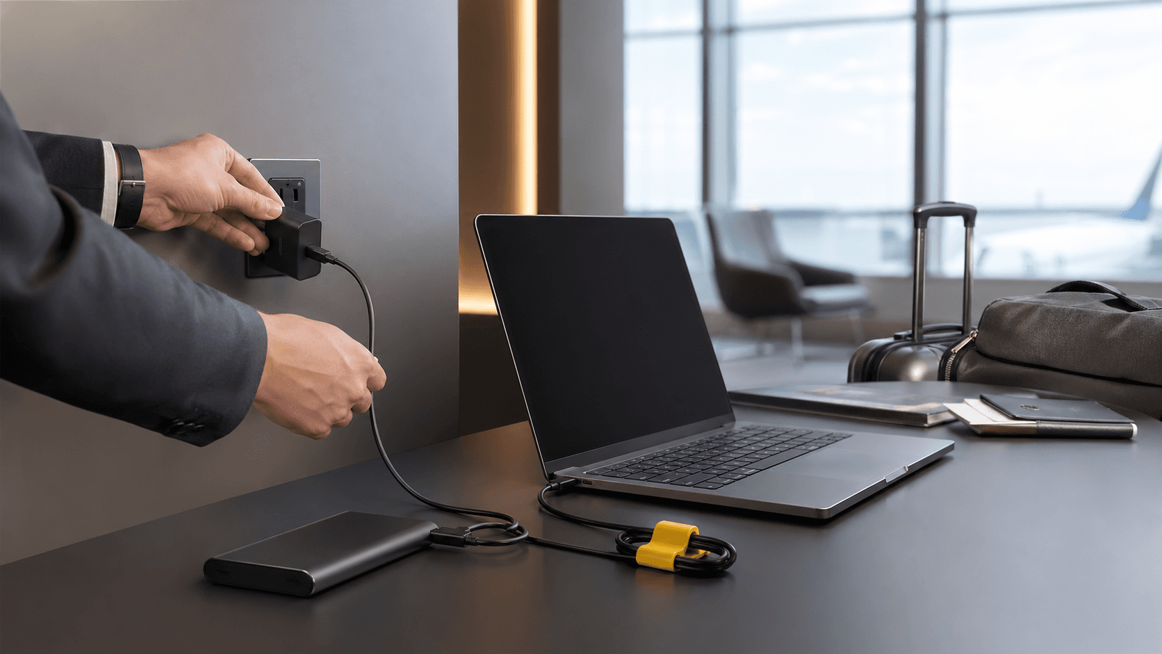 Sleek black USB-C laptop charger with coiled cable beside a silver laptop on a bright white desk.
