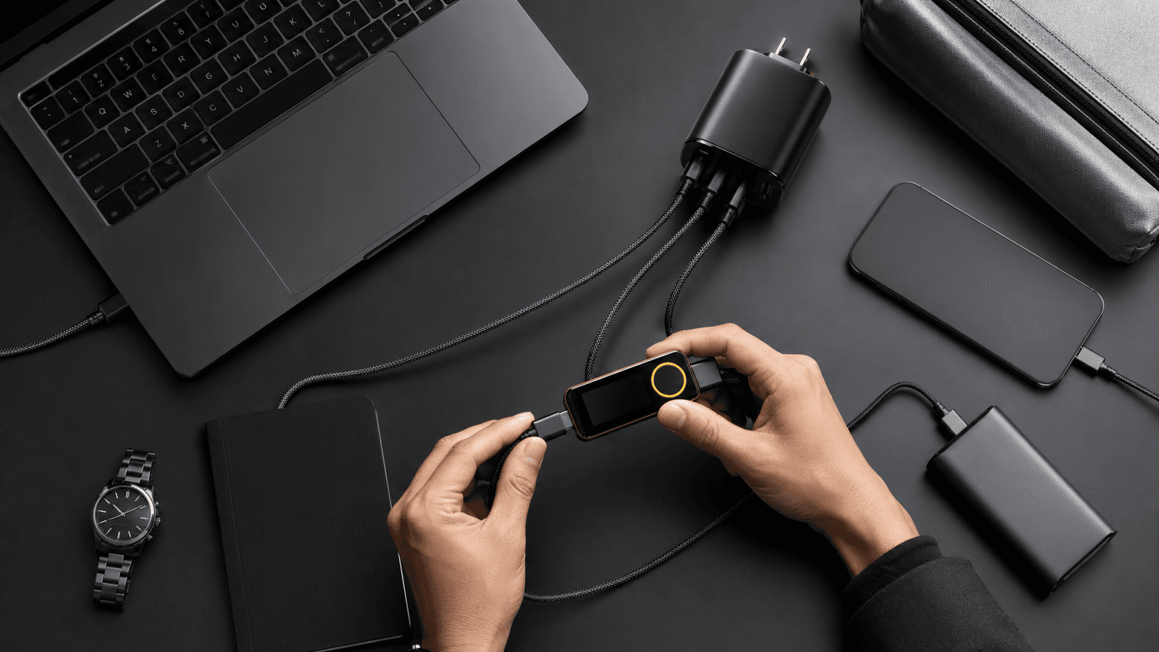 Close-up of a sleek black 280W charger beside a laptop, with glowing wattage text on a dark background.
