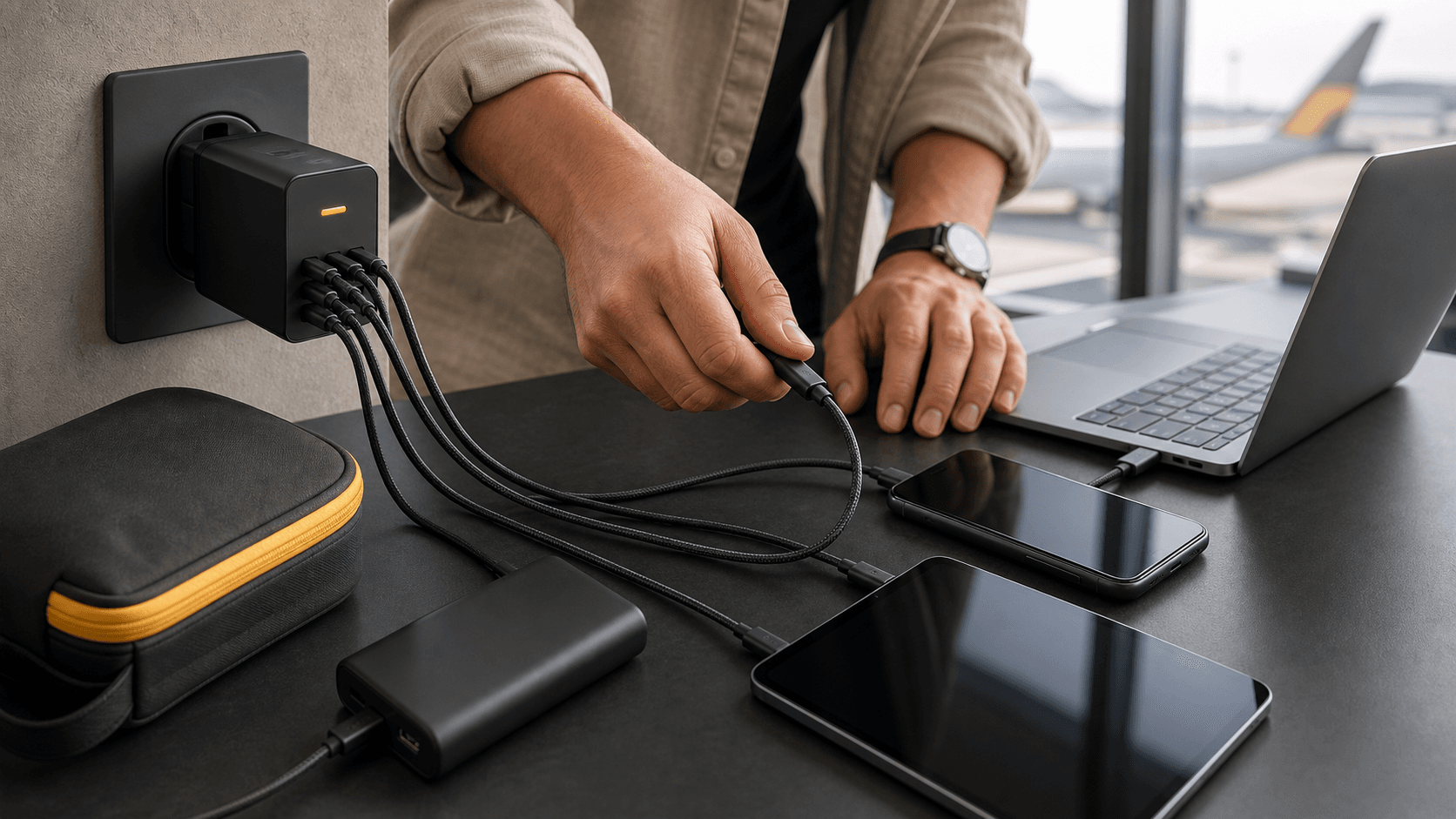 Compact GaN wall charger with multiple cables overheating on a car dashboard, red warning glow and blurred road outside.