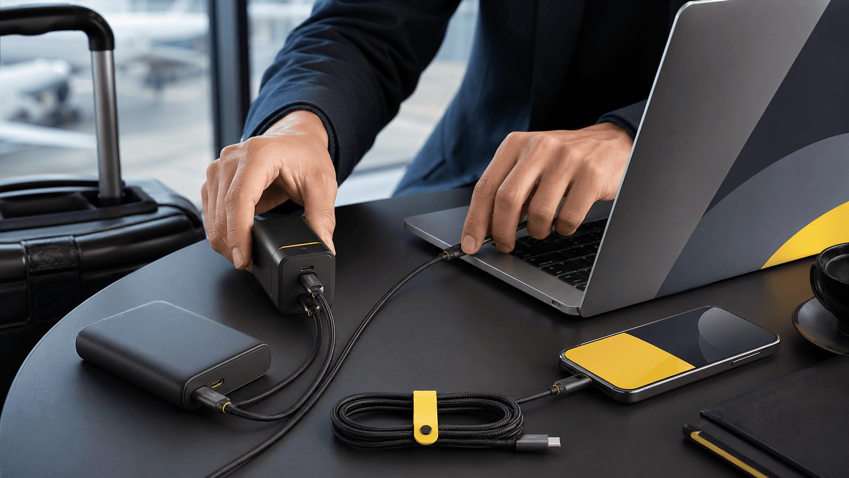 Flat lay of assorted chargers and cables on a clean white desk, with a smartphone and laptop under soft light