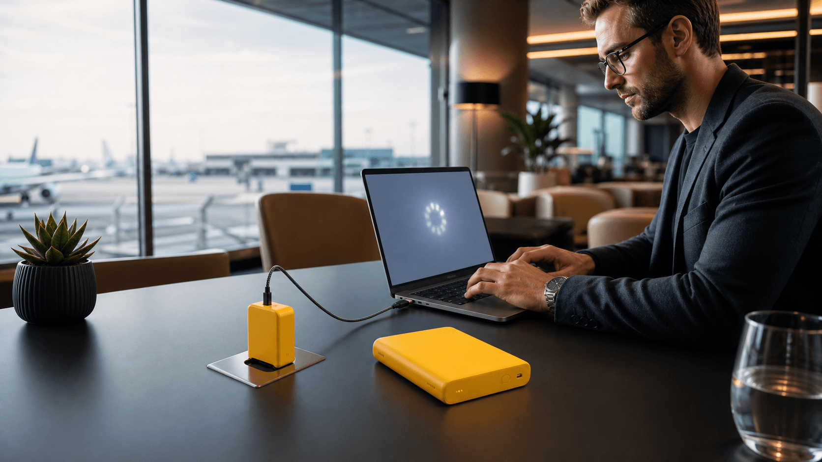 Laptop plugged into a small travel charger with warning icon, warm desk lighting and blurred suitcase in background